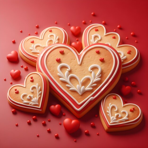 Heart shaped sugar cookies on red background for valentines day