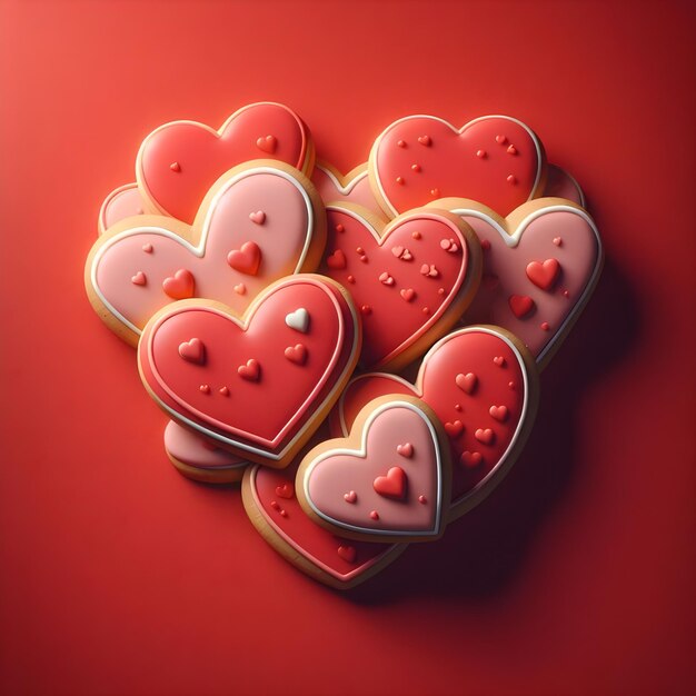 Heart shaped sugar cookies on red background for valentines day