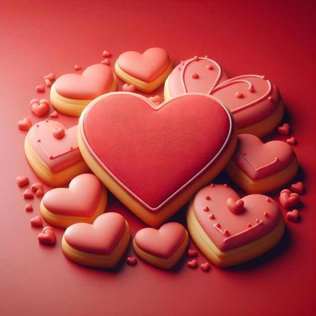 Heart shaped sugar cookies on red background for valentines day