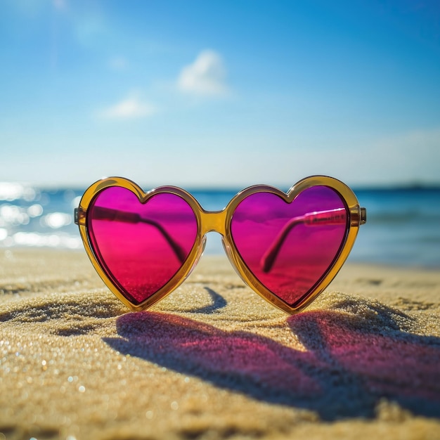 Heart shaped sunglasses on sandy beach with bright blue sky in background