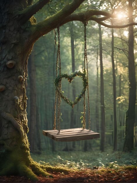 a heart shaped swing hangs from a tree in a forest