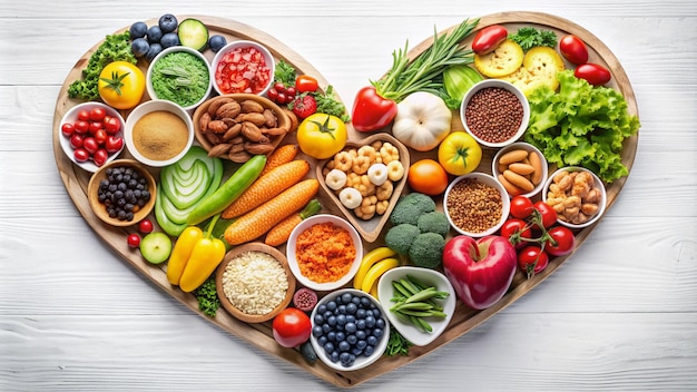 Photo a heart shaped tray of food including fruits and vegetables