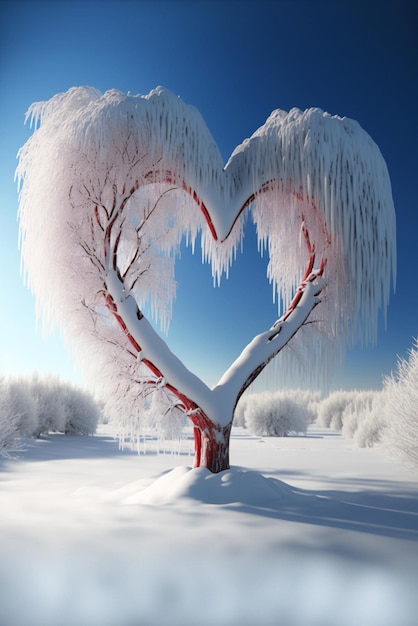 Heart shaped tree in the middle of a snow covered field generative ai