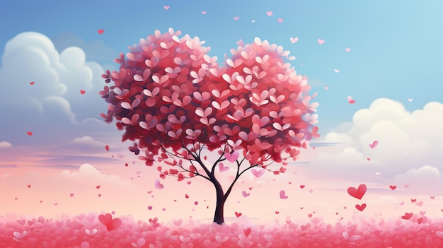 a heart shaped tree with hearts in the sky and pink hearts in the middle