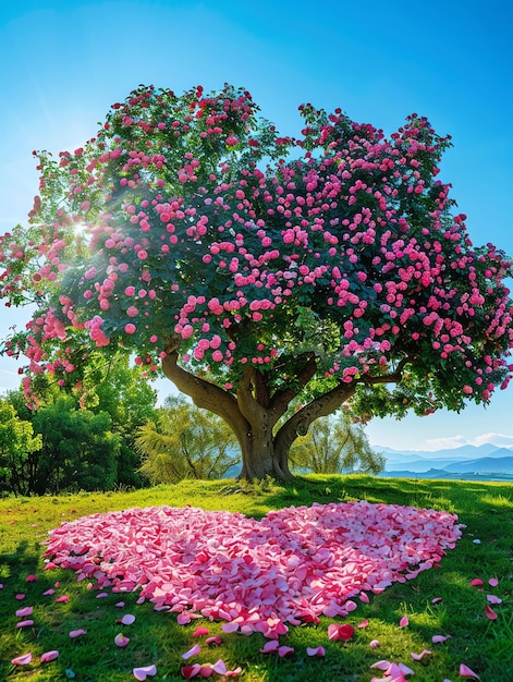 a heart shaped tree with pink flowers in the middle of it