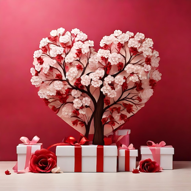 Heart Shaped Tree with Pink Red and White Background Red and White Flowers with Gift Boxes