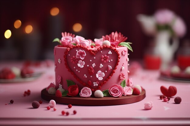 Heart shaped Valentines Day cake with romantic decorations