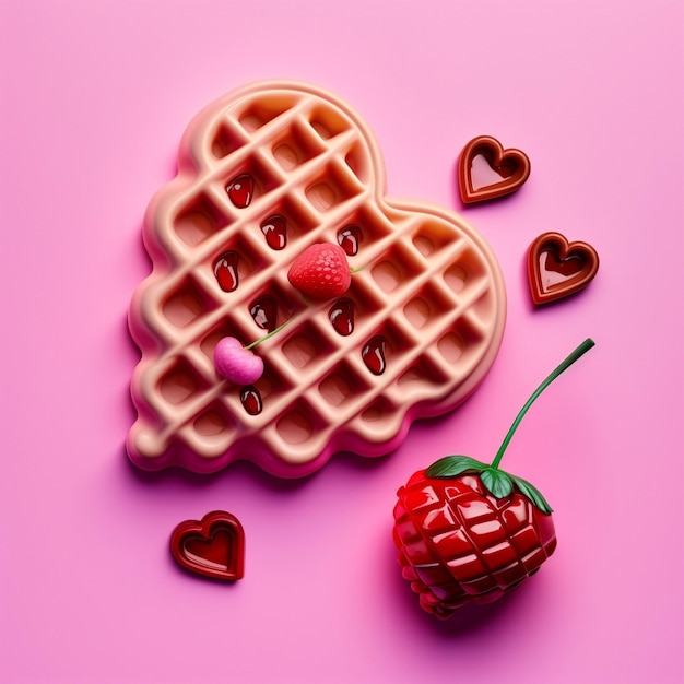 A heart shaped waffle with a strawberry on it