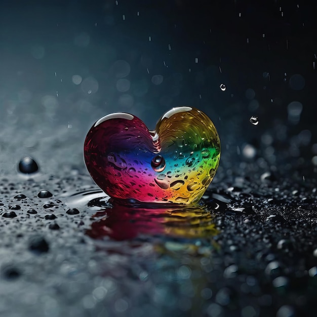 a heart shaped water drop that is on a black table