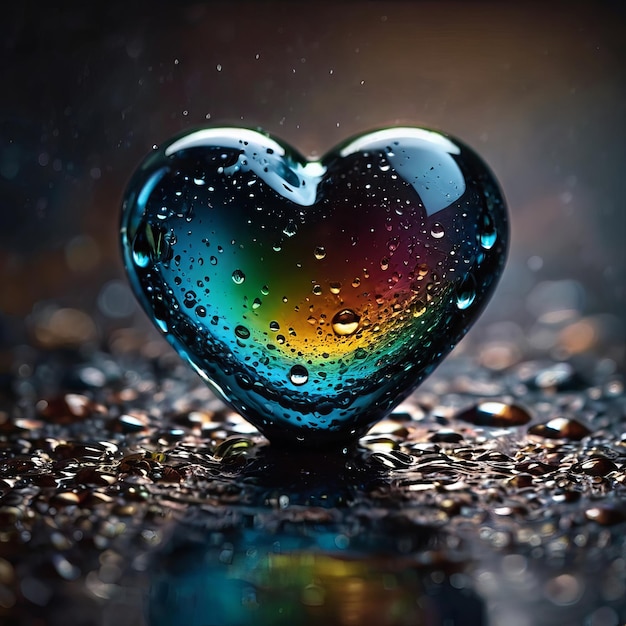 a heart shaped water drop that is on a black table