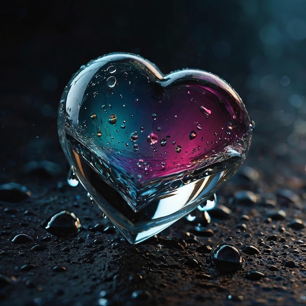 a heart shaped water drop that is on a black table