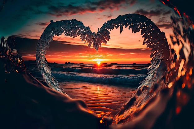 Heart shaped water at sunset for Valentine's Day Generative AI