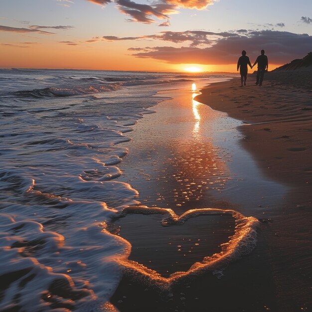 a heart shaped wave is on the beach with a couple holding hands