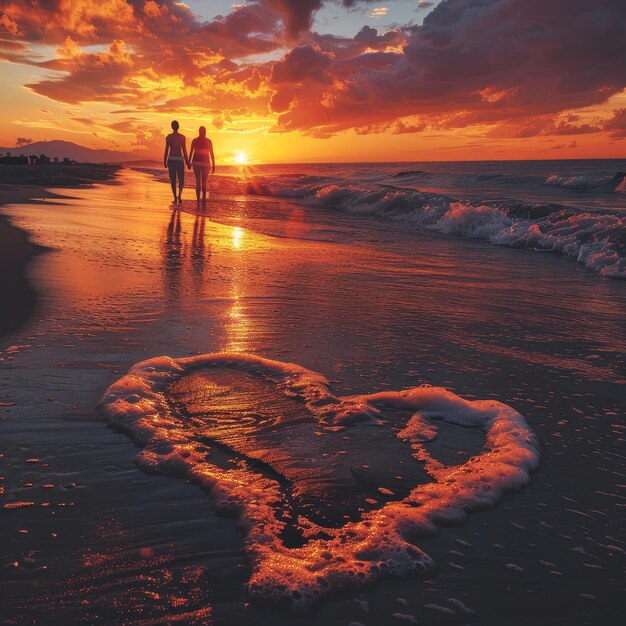 Photo a heart shaped wave is in the sand at sunset