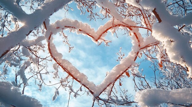 Photo heart shaped winter landscape branches pattern