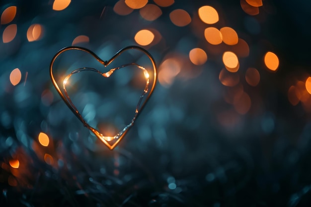 Heart silhouette illuminated by glowing lights with bokeh background Glowing lights illuminating a heart silhouette against a dark background