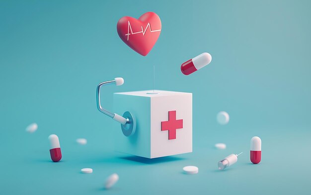 Photo heart and stethoscope on a white box 3d rendering