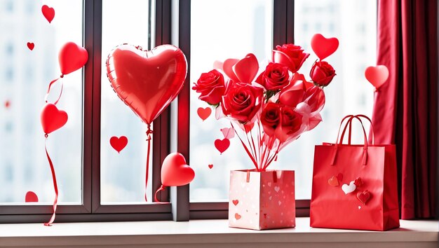 heart in studioShopping bag red heart balloon rose combinationwindowgiftflowervalentine's day