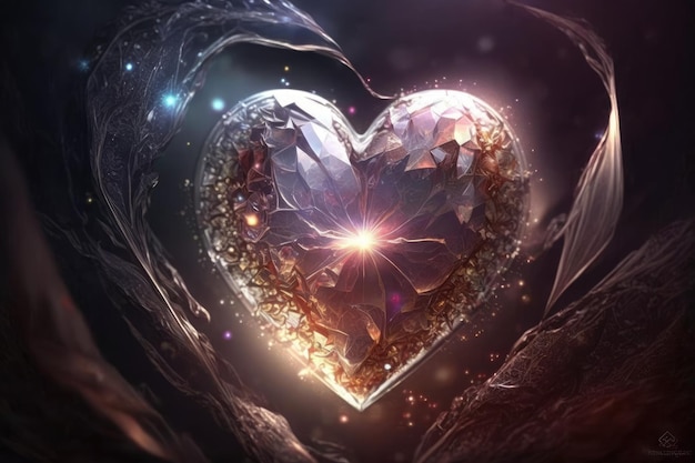 Heart surrounded by crystal and light shining bright