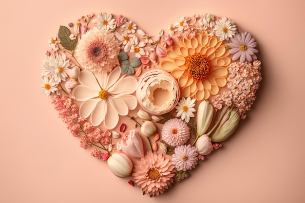 Heart surrounded with fresh colorful flowers on pastel Illustration AI Generative