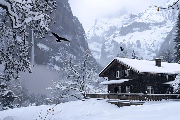 Photo heart of swiss alps picturesque village of grindelwald transformed into winter wonderland snowcapped