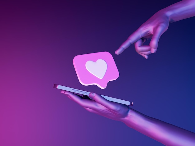 heart symbol on a mobile phone held by hand and another hand pointing with neon light