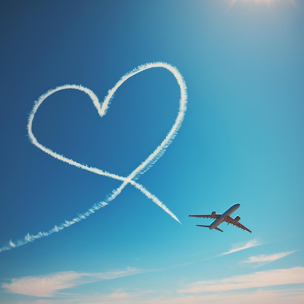 Heart symbol sign drawn by white airplane trail on blue sky close up love abstract background