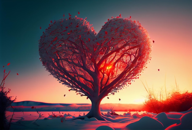 Heart tree Red heart shaped tree on sunset Valentine background Love concept Generative AI