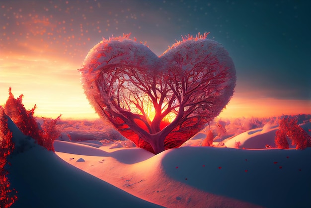 Heart tree in snow Red heart shaped tree on sunset Valentine background Love concept Generative AI