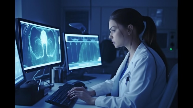 Heart ultrasound examination done by a female doctor with a happy patient Generative AI