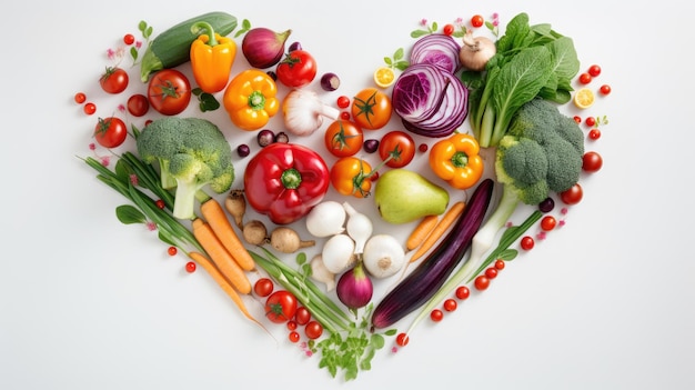 A heart of vegetables with the word love on it