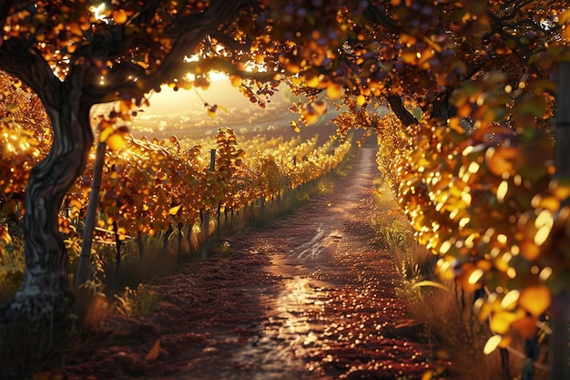 In the heart of a vineyard a pathway bathed in aut generative ai