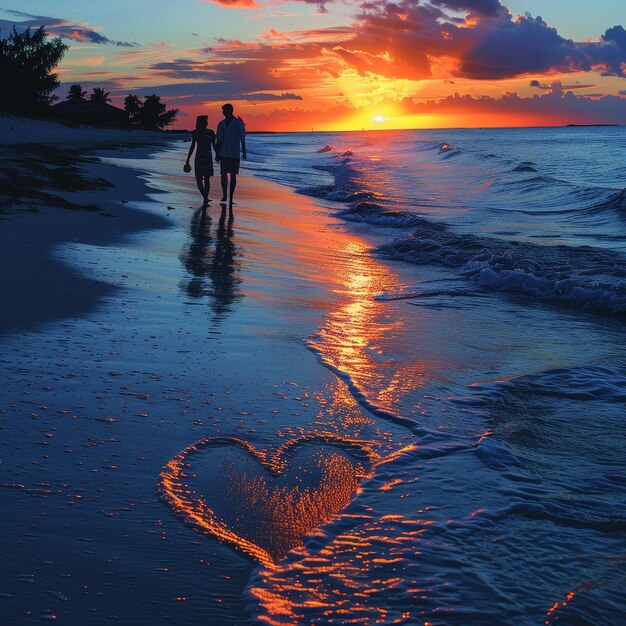 a heart in the water with a couple walking on the beach