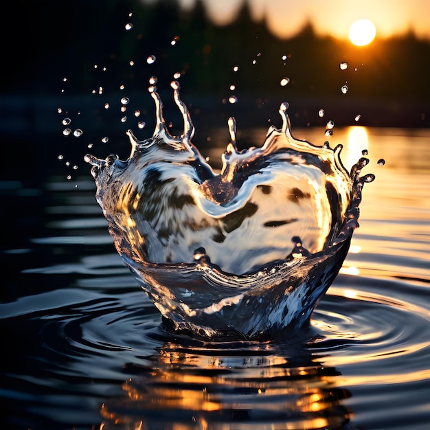 a heart in the water with the sun behind it