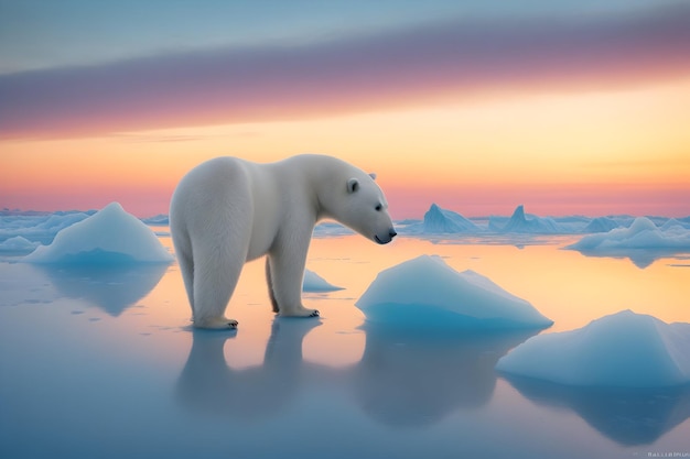 The heart of winter a lone polar bear gracefully traverses the frozen landscape generative by Ai