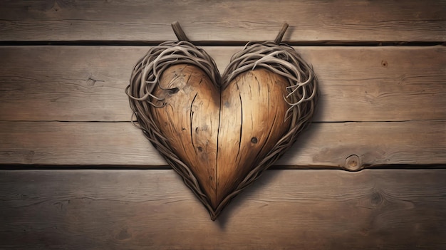 Photo a heart with branches and a wooden background