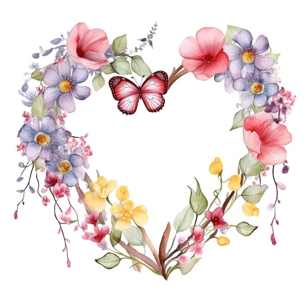 A heart with a butterfly and flowers