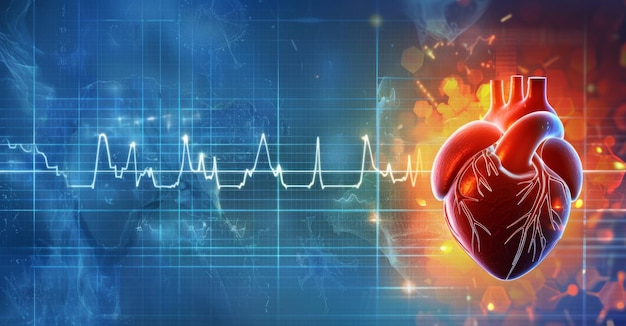 Heart with ECG line on scientific backdrop Medical illustration Cardiology concept