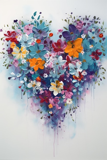 A heart with flowers on it that is painted with watercolors.