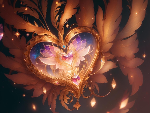 A heart with a gold and purple feathers and a flower in the middle.