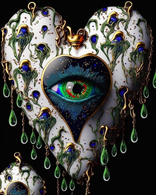 A heart with a green eye and a green eye with a heart on it.