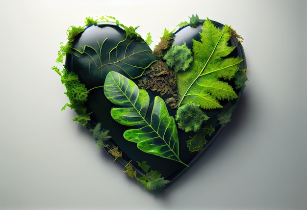 A heart with green leaves and plants in it