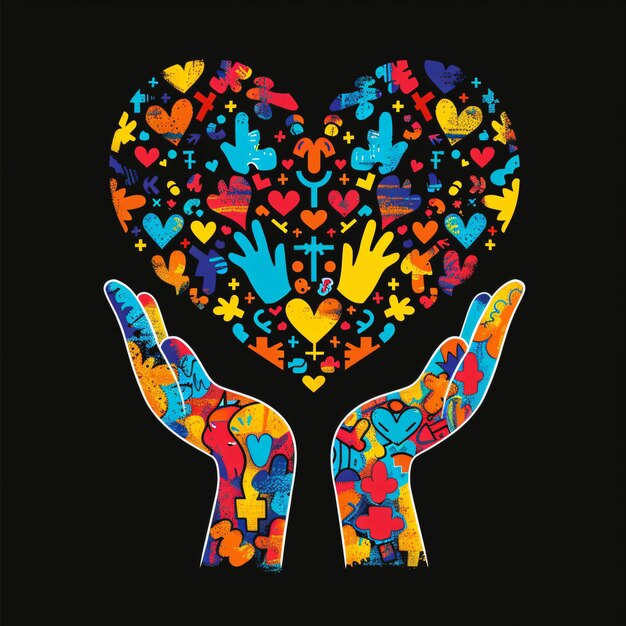 Photo a heart with the hands of children holding hands with colorful hearts and a black background