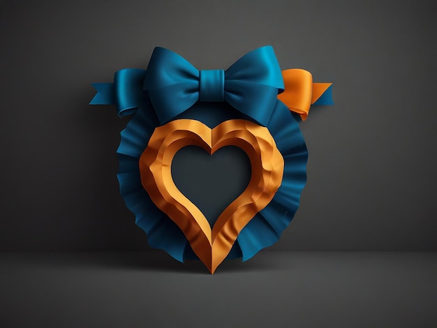 a heart with orange ribbon and a blue bow on it