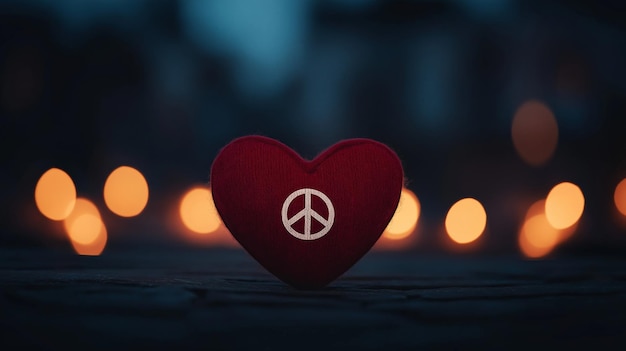 A heart with a peace sign sits in the middle of a dark background with blurred lights