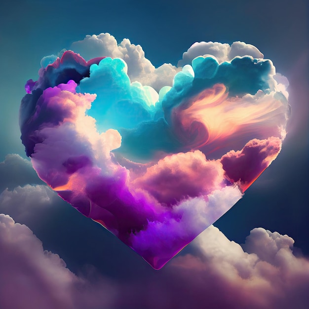 A heart with a pink and blue sky and clouds in the background.