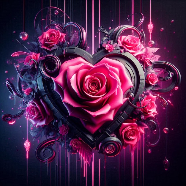 a heart with pink roses and a black background