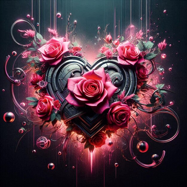 a heart with pink roses and a black background