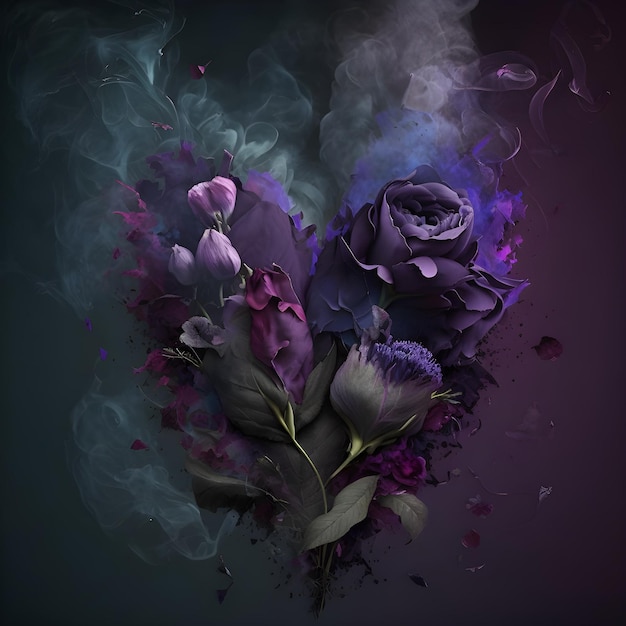 A heart with purple flowers and leaves on it