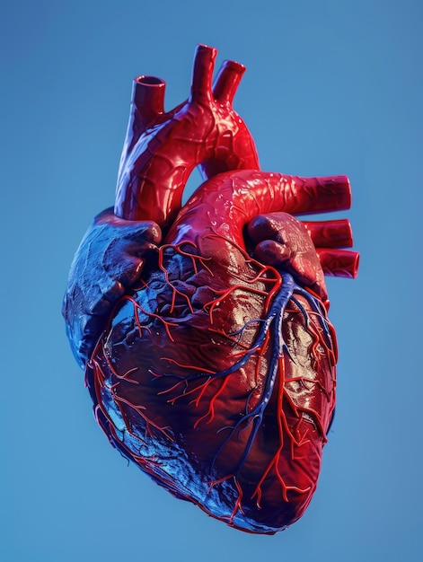 A heart with red and blue veins is shown in a blue background